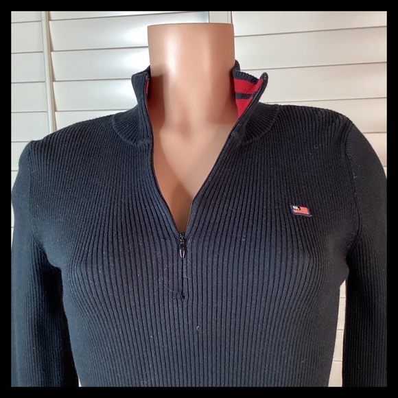 RALPH LAUREN Quarter Zip Ribbed Knit Sweater Black & Red - Picture 3 of 9